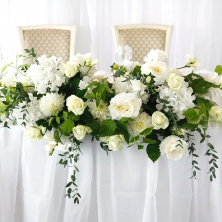 «White Garden Tale» – Full Wedding Set (Bridal bouquet, boutonnière, one bridal table decoration, and your choice of guest table decorations)