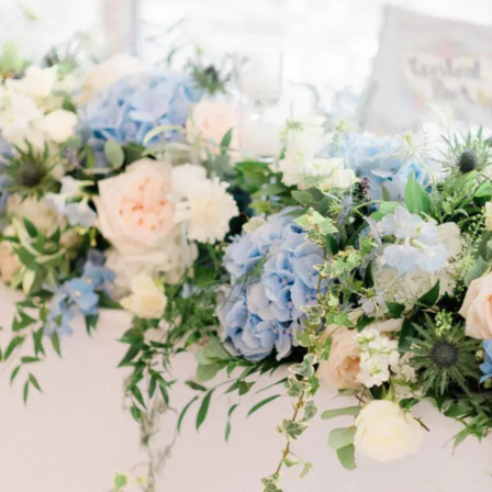 «Blue Clouds» – Full Wedding Set (Bridal bouquet, boutonnière, one bridal table decoration, and your choice of guest table decorations)