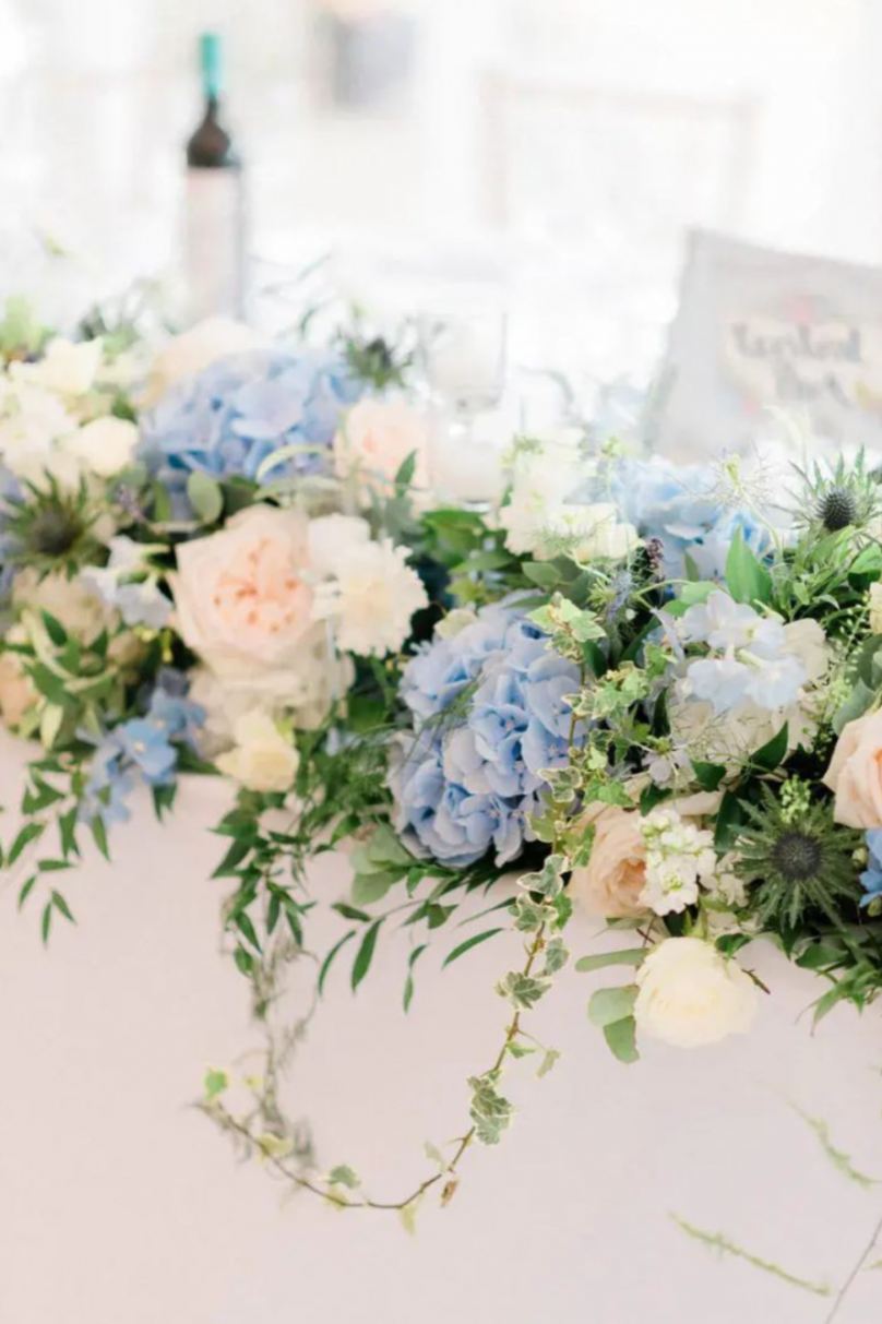«Blue Clouds» – Full Wedding Set (Bridal bouquet, boutonnière, one bridal table decoration, and your choice of guest table decorations)