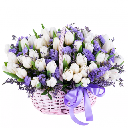 Timeless Harmony: 70 Tulips with Statice in a Basket