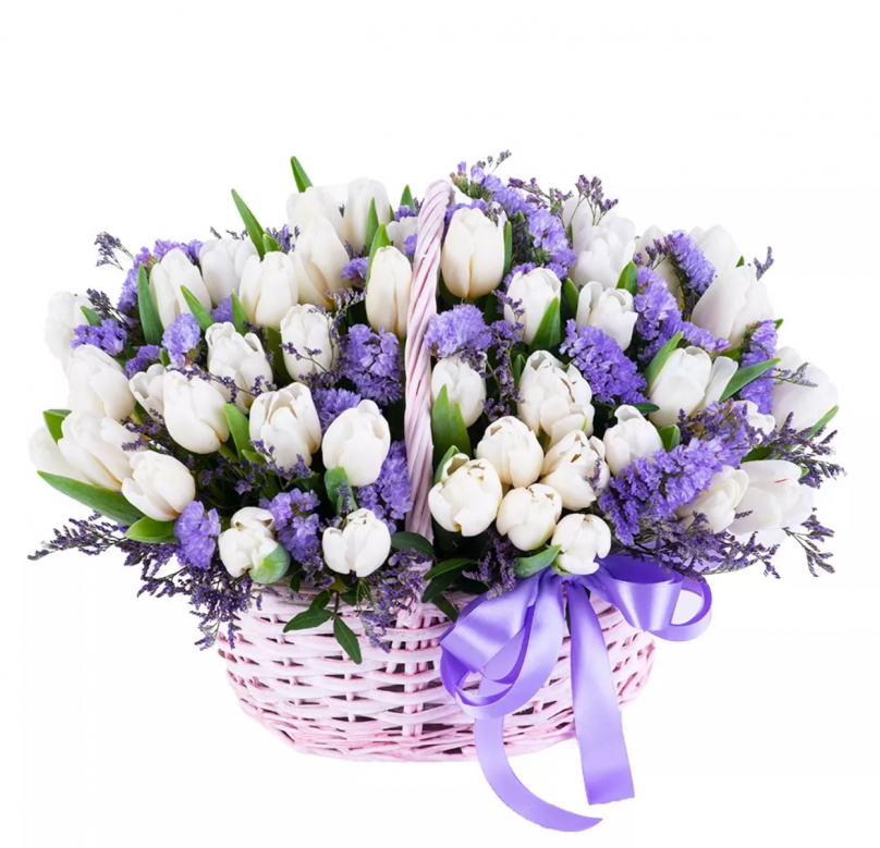 Timeless Harmony: 70 Tulips with Statice in a Basket