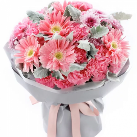 Mixed Flower Bouquet: Dew-kissed Bliss (Pink Carnations, Pink Gerberas, Chrysanthemums)