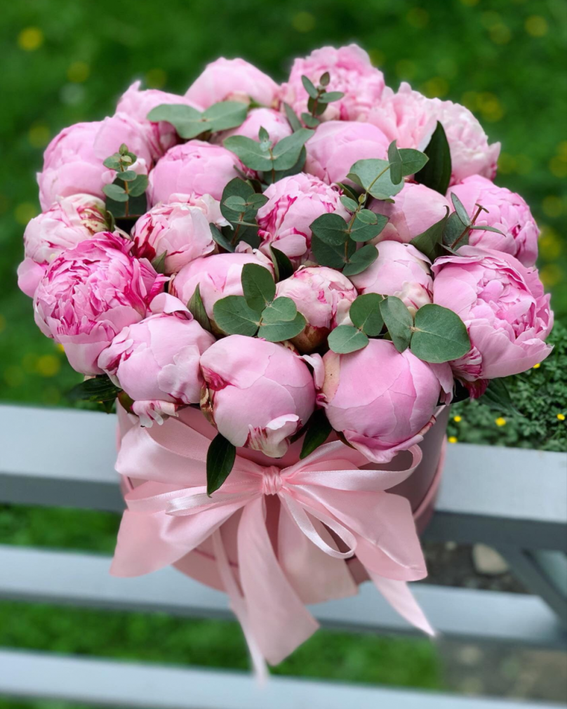 Peony Symphony: 20 Pink Peonies in a Box with Eucalyptus