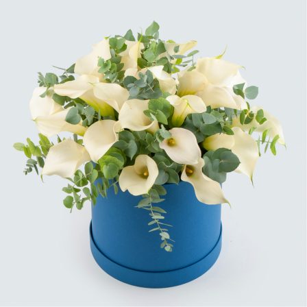 Mixed Flower Bouquet in Box: Tranquil Elegance (25 Calla Lily and Eucalyptus)