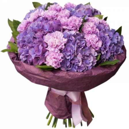 Mixed Flower Bouquet: Violet Grace (5 Lavender Hydrangeas and 20 Pink Carnations)