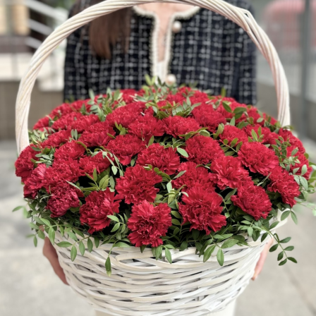 Fireside Mirage: 55 Red Carnations in a Basket