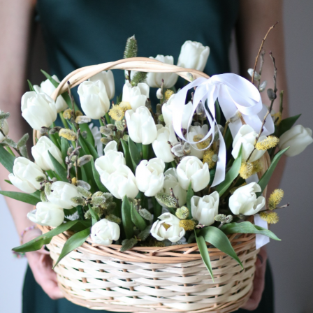 Mixed Flower Basket: Spring Awakening (White Tulips and Willow Branches)