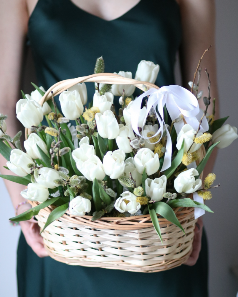 Mixed Flower Basket: Spring Awakening (White Tulips and Willow Branches)