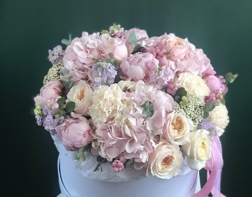 Marshmallow Bloom: Mixed Blooms Box (Hydrangeas, garden roses, ranunculuses, stock, peonies, hypericum berries, eucalyptus) - Image 2