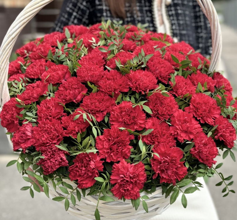 Fireside Mirage: 55 Red Carnations in a Basket - Image 3