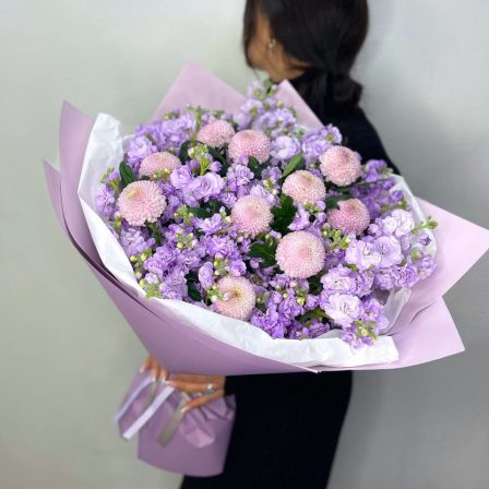 Lavender Drift: 20 Purple Stocks and 10 Chrysanthemums Pom Pon