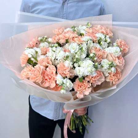 Sugar Rush: 20 Peach Carnations and 10 White Stocks