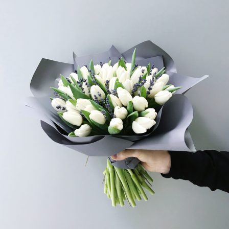 Icy Spark: 50 White Tulips and Lavender