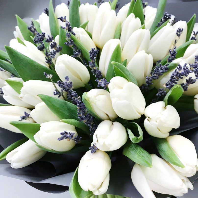 Icy Spark: 50 White Tulips and Lavender - Image 2