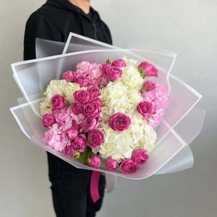 Rosewater Whisper: 10 California Spray Roses, 7 White Hydrangeas, and 3 Pink Hydrangeas