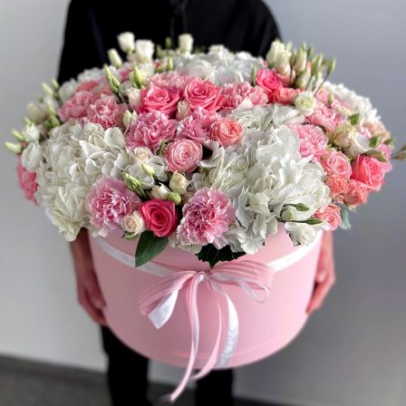 Cloudberry Kiss: Mixed Blooms Box (White Lisianthus, Pink Carnations, Soft Pink Roses, White Hydrangea, and Pink Spray Roses)