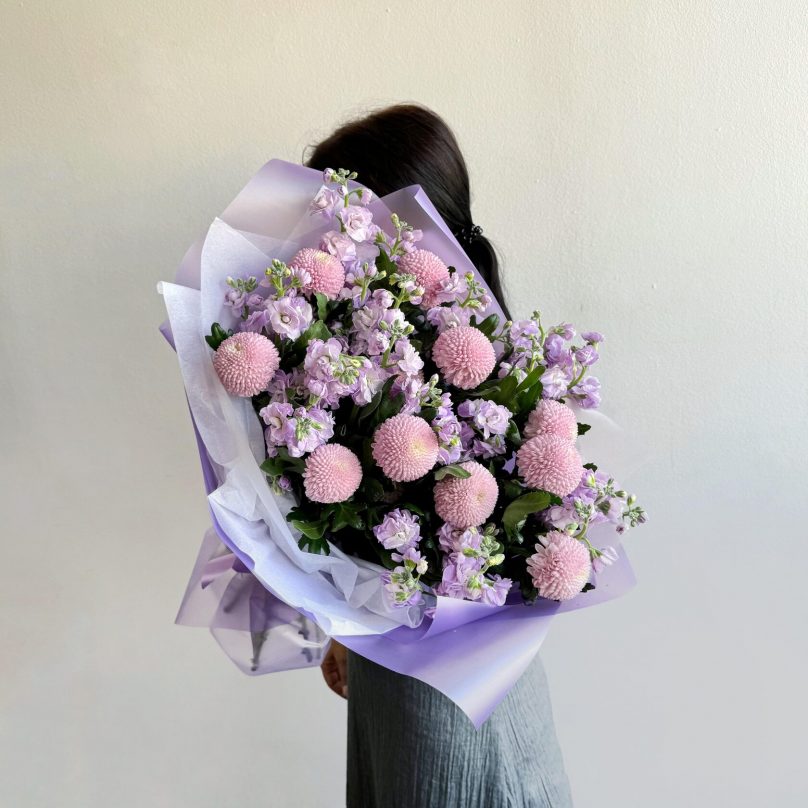Lavender Drift: 20 Purple Stocks and 10 Chrysanthemums Pom Pon - Image 2