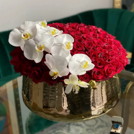 Silent Splendor: 100 Red Roses and A White Orchid Stem
