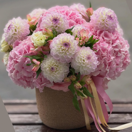 Amoria: 5 Pink Hydrangeas, 12 White And Pink Dahlias, and 10 Alstroemerias